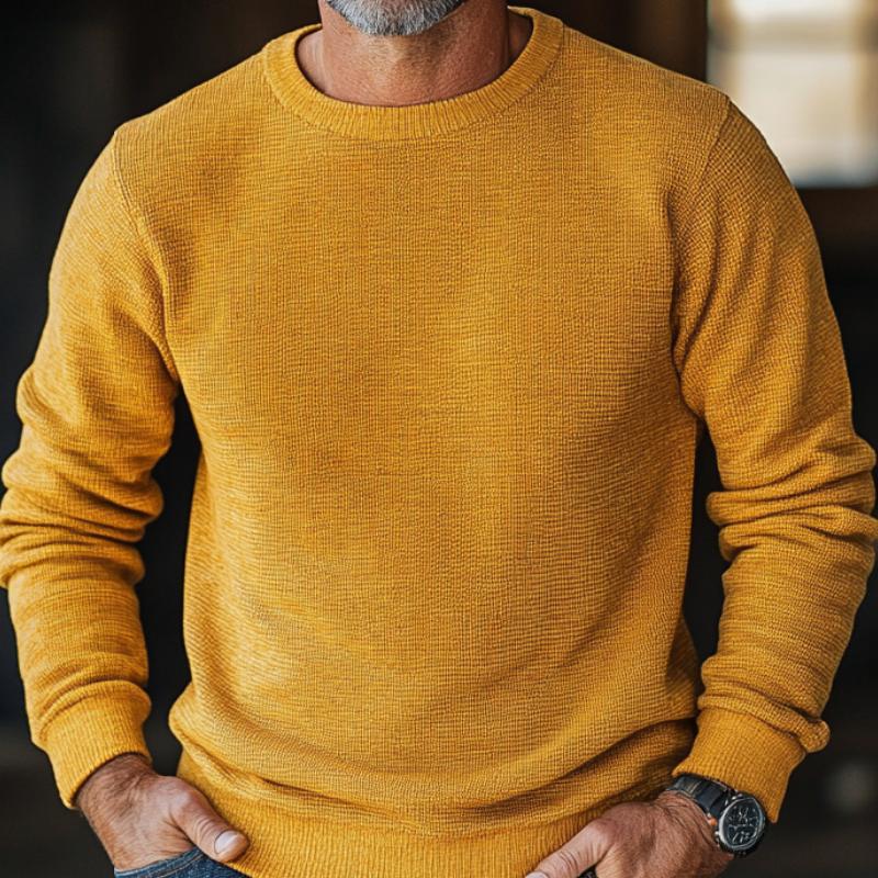 Men's Casual Trendy Round Neck Yellow Waffle Sweatshirt 66632447F