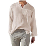 Men's Classic Casual V-Neck Cotton and Linen Long Sleeve Shirt 89901691K