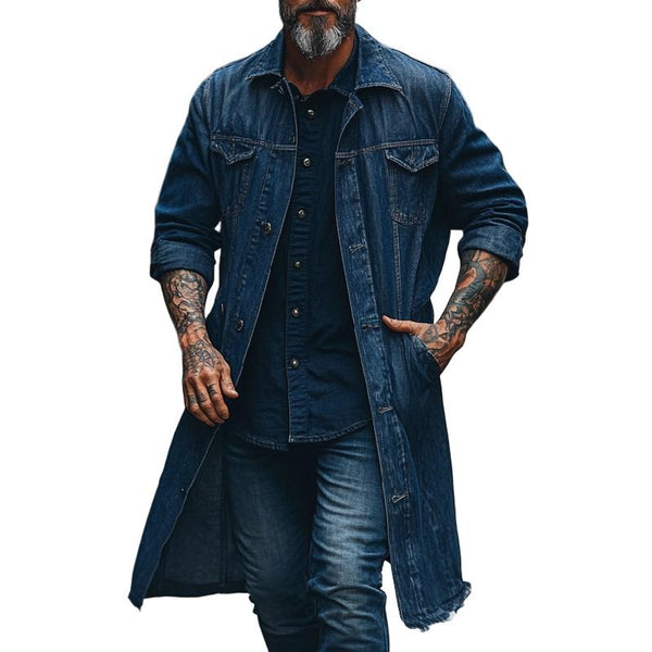 Men's Classic Lapel Mid-length Raw Edge Denim Jacket 63387243F