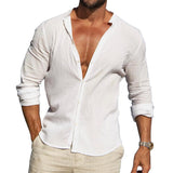 Men's Solid Linen Stand Collar Long Sleeve Casual Shirt 57389391Z