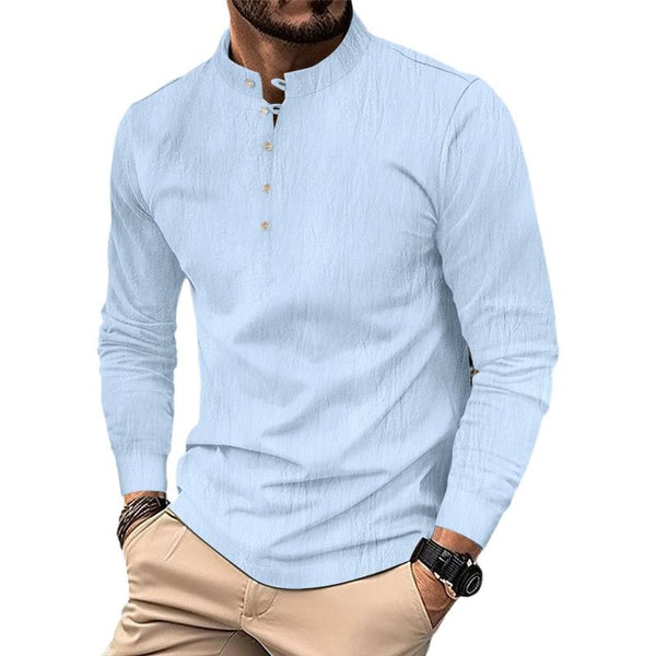 Men's Solid Cotton And Linen Henley Collar Long Sleeve Casual Shirt 47763988Z