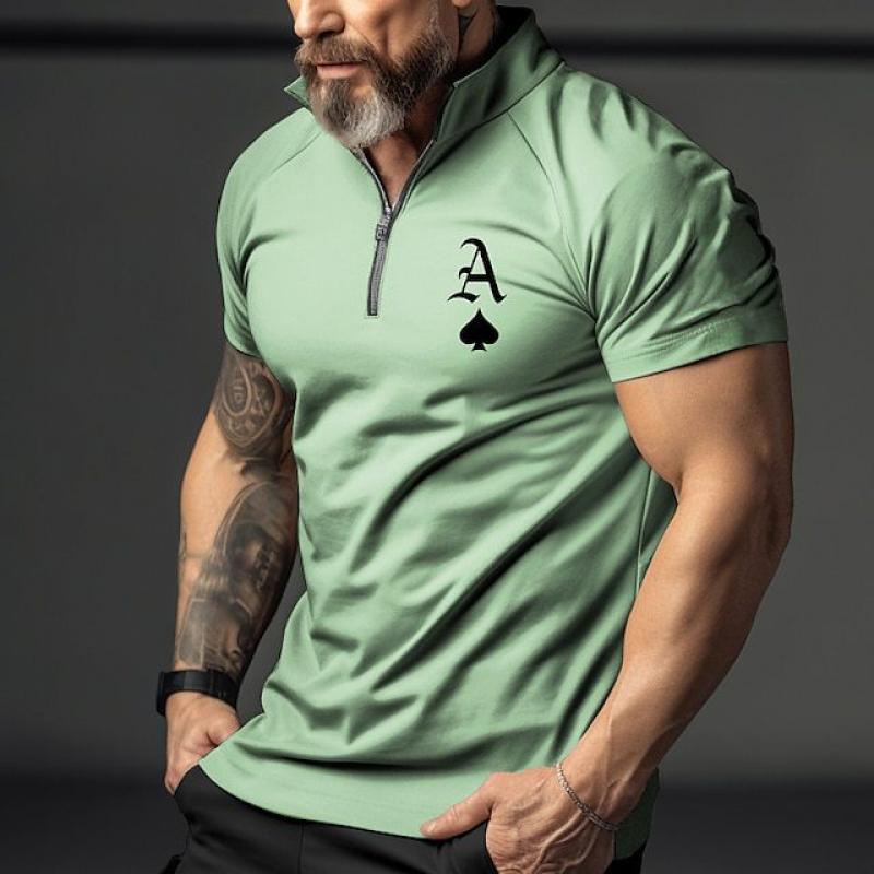 Polo da uomo a maniche corte con stampa poker e bavero con cerniera 56855419Z