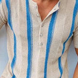 Men's Casual Henley Collar Contrast Stripe Short Sleeve T-Shirt 26499254M