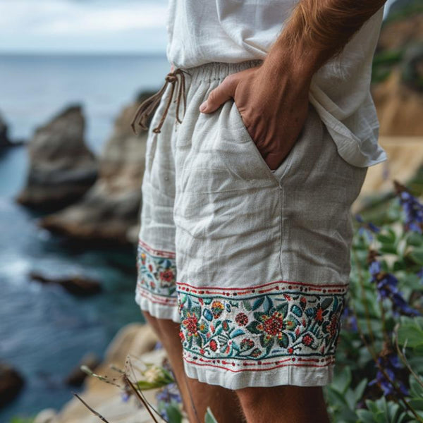 Men's Vintage Embroidered Panel Elastic Waist Vacation Shorts 25093387M