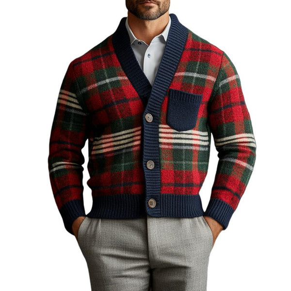 Men's Retro Christmas Colorful Plaid V-neck Chest Pocket Knit Cardigan 79052746Y