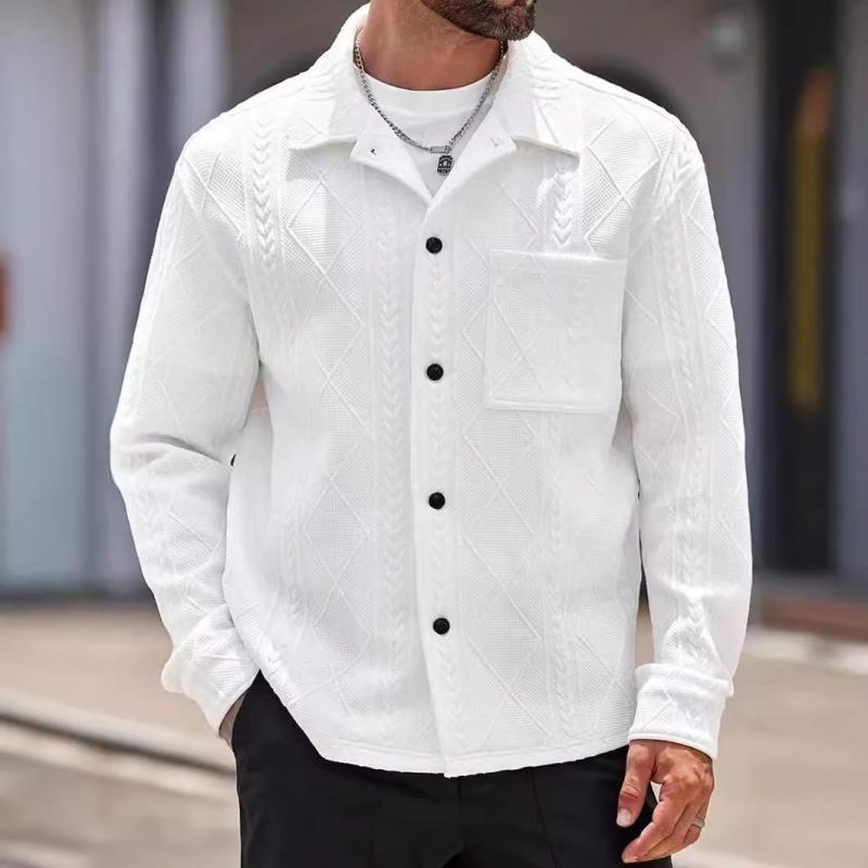 Men's Casual Jacquard Lapel Patch Pocket Loose Shirt Jacket 10876047M