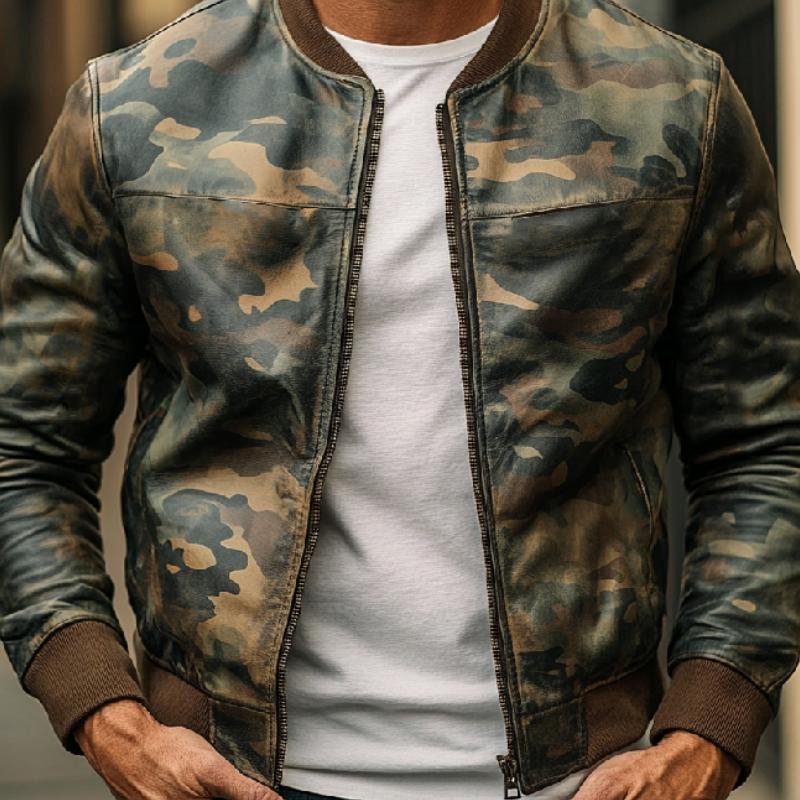 Men's Casual Camouflage Baseball Leather Jacket 26324545F