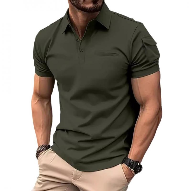 Men's Solid Sleeve Pocket Lapel Short Sleeve Polo Shirt 97034566Z