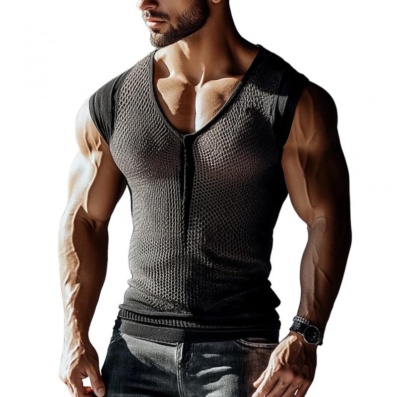 Men's Sexy Hollow Mesh V-Neck Tight Tank Top 68776931M