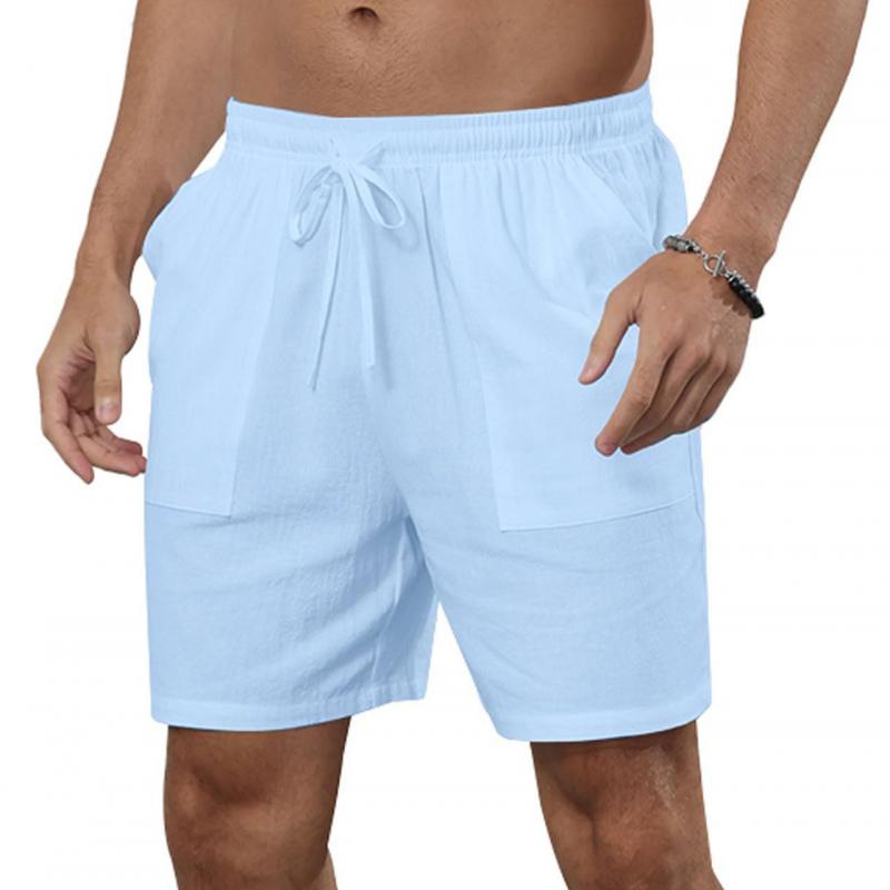 Men's Solid Color Cotton And Linen Beach Drawstring Shorts 66870843Y