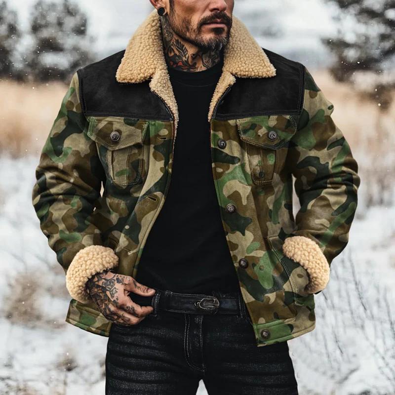 Men's Fleece Lapel Camouflage Suede Single Breasted Jacket 22066672Z