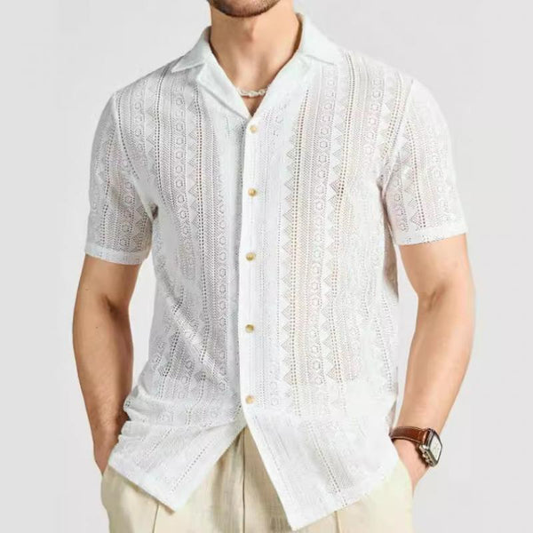 Men's Casual Solid Color Hollow Cuban Collar Short Sleeve Shirt 74966092Y
