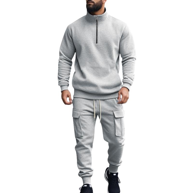 Men's Solid Color Casual Plush Warm Zipper Stand Collar Sweatshirt Sweatpants Set 08038864Y