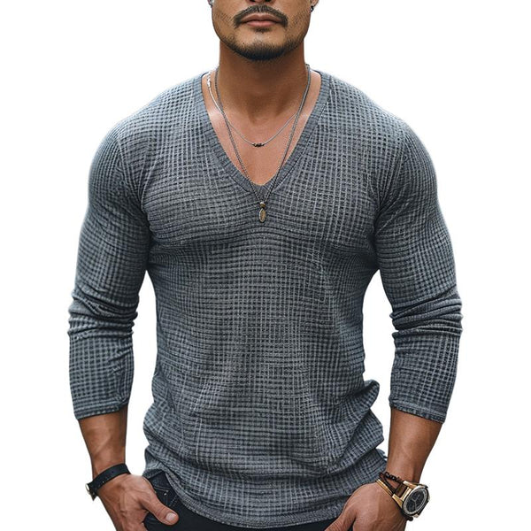 Men's Casual V-neck Waffle Slim Fit Long Sleeve T-shirt 89721773M
