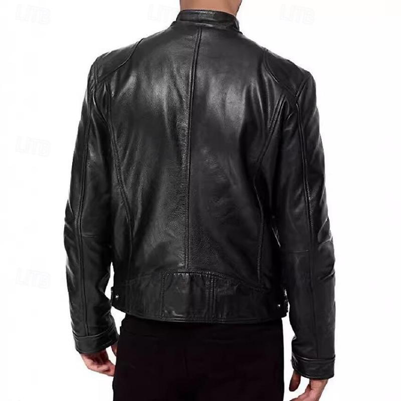 Men's Vintage Stand Collar Leather Biker Jacket 99731912Y