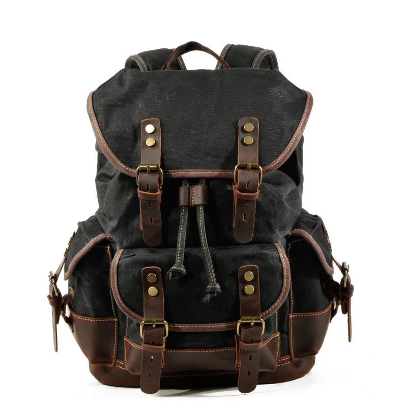 Mochila de lona vintage para hombre con múltiples bolsillos y costuras de cuero para exteriores 19083234Y