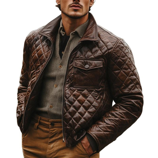 Men's Vintage Stand Collar Quilted Leather Jacket 45082848F