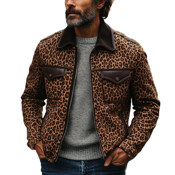 Men's Vintage Leopard Suede Stitching Leather Multi-Pocket Zipper Jacket 21640666Y