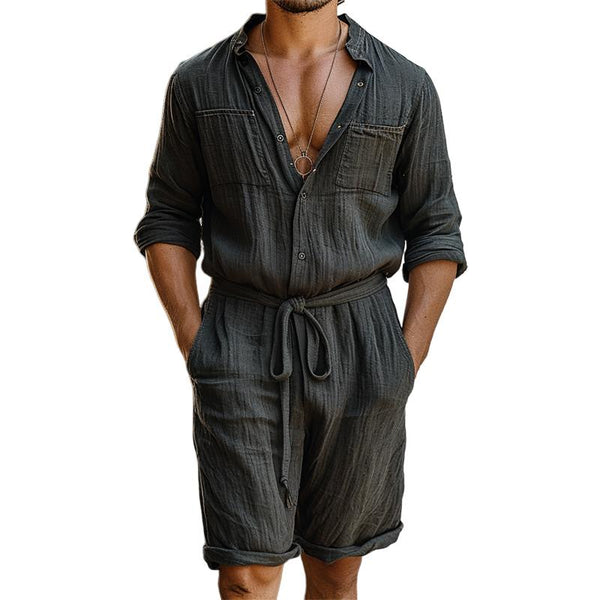 Men's Cotton and Linen Stand Collar Chest Pocket Long Sleeve Shorts Jumpsuit 94520602Y