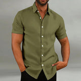 Men's Casual Cotton Linen Loose Lapel Slim Fit Short-sleeved Shirt 21811775M