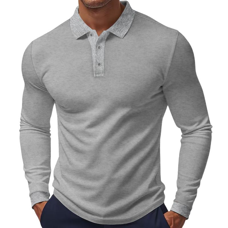 Men's Solid Color Waffle Long Sleeve Polo Shirt 14701674X