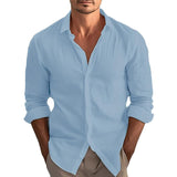 Men's Solid Color Cotton And Linen Lapel Long Sleeve Shirt 70112195Z