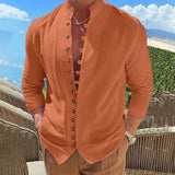 Men's Solid Stand Collar Single Breasted Long Sleeve Cotton Linen Shirt 35848441Z