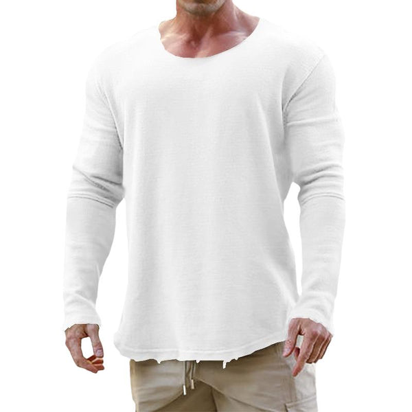 Men's Casual Retro Solid Color Round Neck Long Sleeve T-shirt 04451010TO