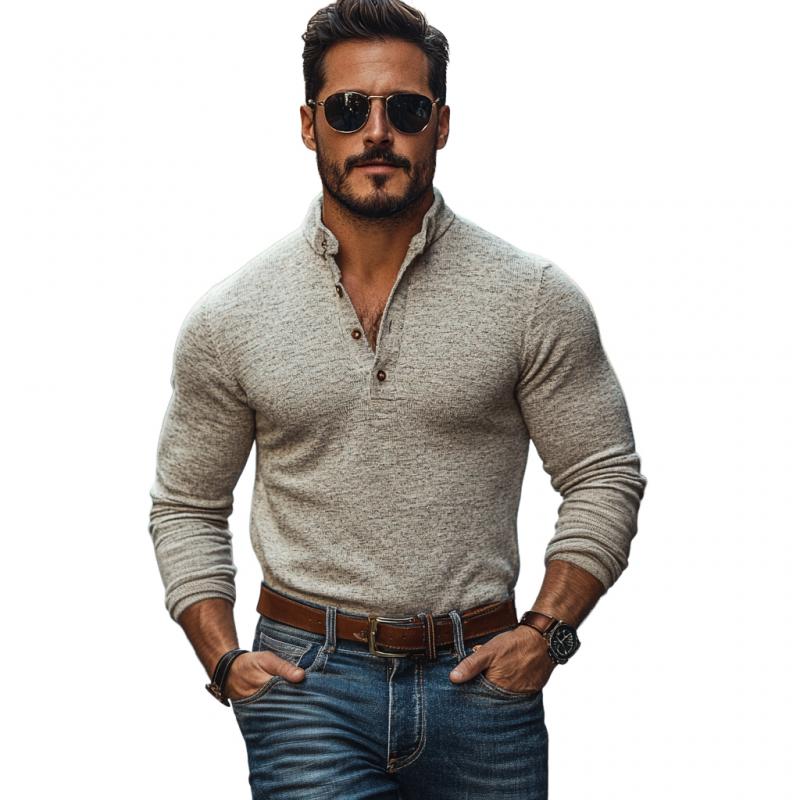 Men's Casual Cotton Blend Henley Collar Slim Fit Long Sleeve T-Shirt 32616197M