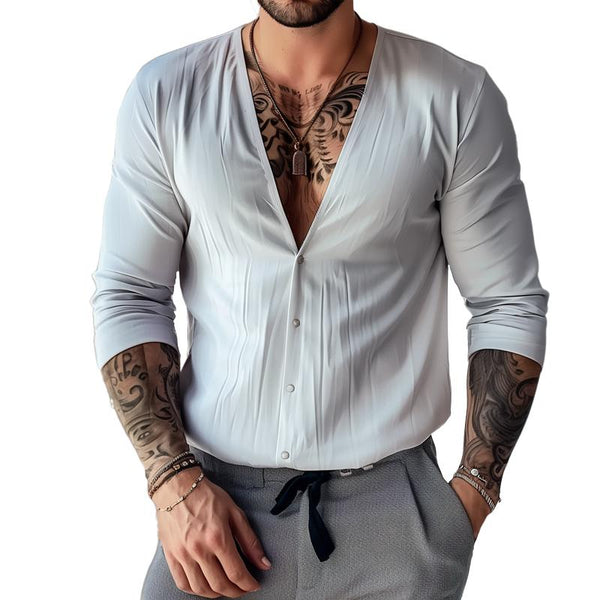 Men's Fashion Solid V Neck Long Sleeve Shirt 62739250Z