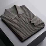 Men's Solid Striped Lapel Long Sleeve Polo Shirt 75610754Z