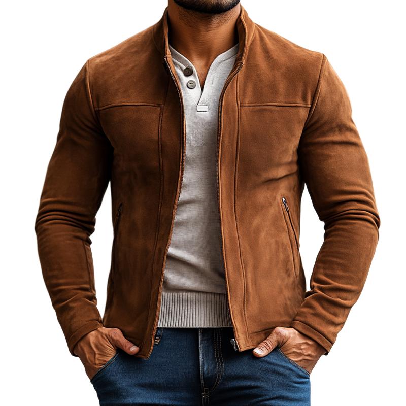 Men's Fashion Solid Color Suede Stand Collar Zipper Jacket 83562512Z