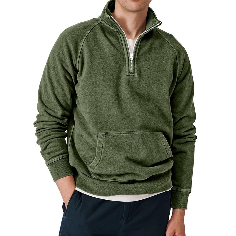 Men's Solid Zip Stand Collar Long Sleeve Kangaroo Pocket Sweatshirt 47037366Z