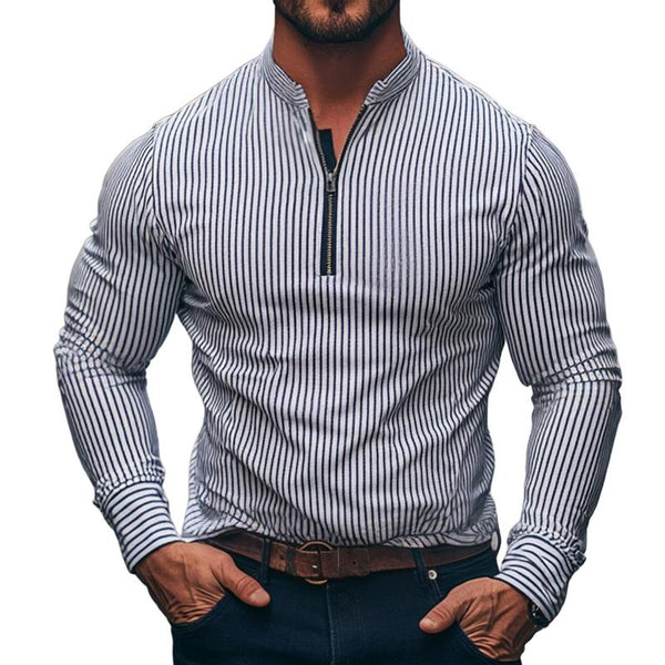 Men's Retro Casual Striped Stand Collar Zipper Long Sleeve T-Shirt 16272752TO