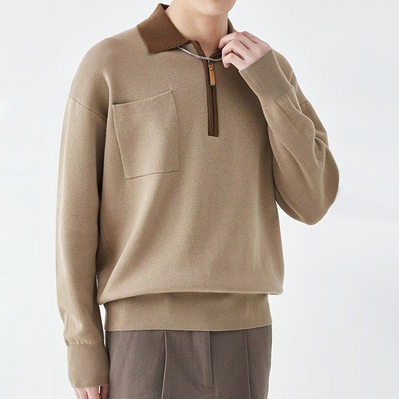 Men's Color Block Zipper Lapel Breast Pocket Long Sleeve Knit Polo Shirt 82740147Z