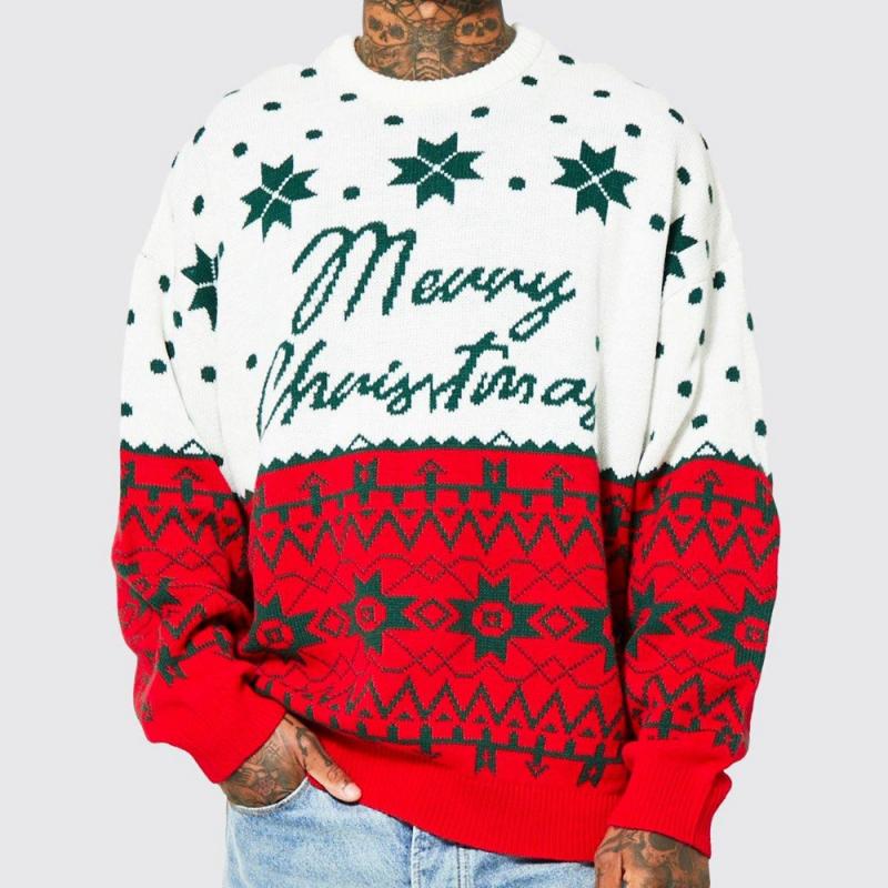 Men's Casual Christmas Contrast Jacquard Crew Neck Knit Sweater 85183515M