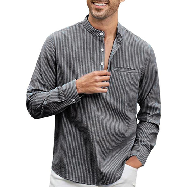 Men's Striped Henley Collar Rolled Sleeve Casual Shirt 77921006Z