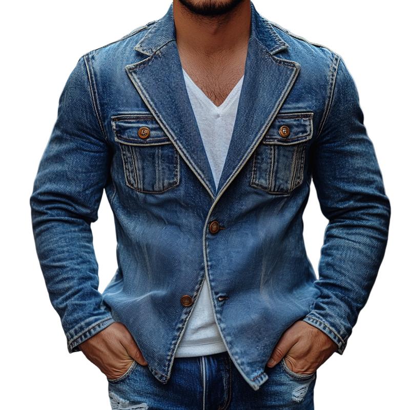 Men's Fashion Washed Notch Lapel Two Buttons Denim Jacket 62416644Z