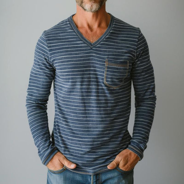 Men's Casual V-neck Striped Patch Pocket Slim Fit Long Sleeve T-shirt 15419337M