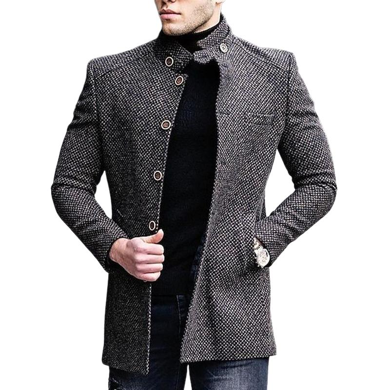 Men's Plaid Stand Collar Button Mid-Length Coat 94128597U