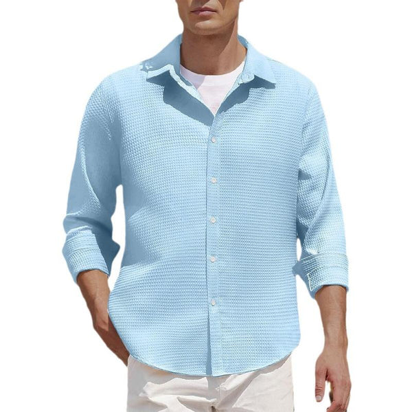 Men's Solid Color Waffle Lapel Long Sleeve Casual Shirt 46957210Z