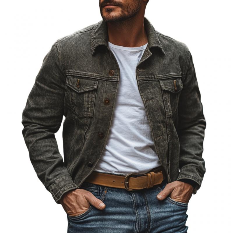 Men's Vintage Washed Denim Lapel Single Breasted Slim Fit Jacket 43883932M