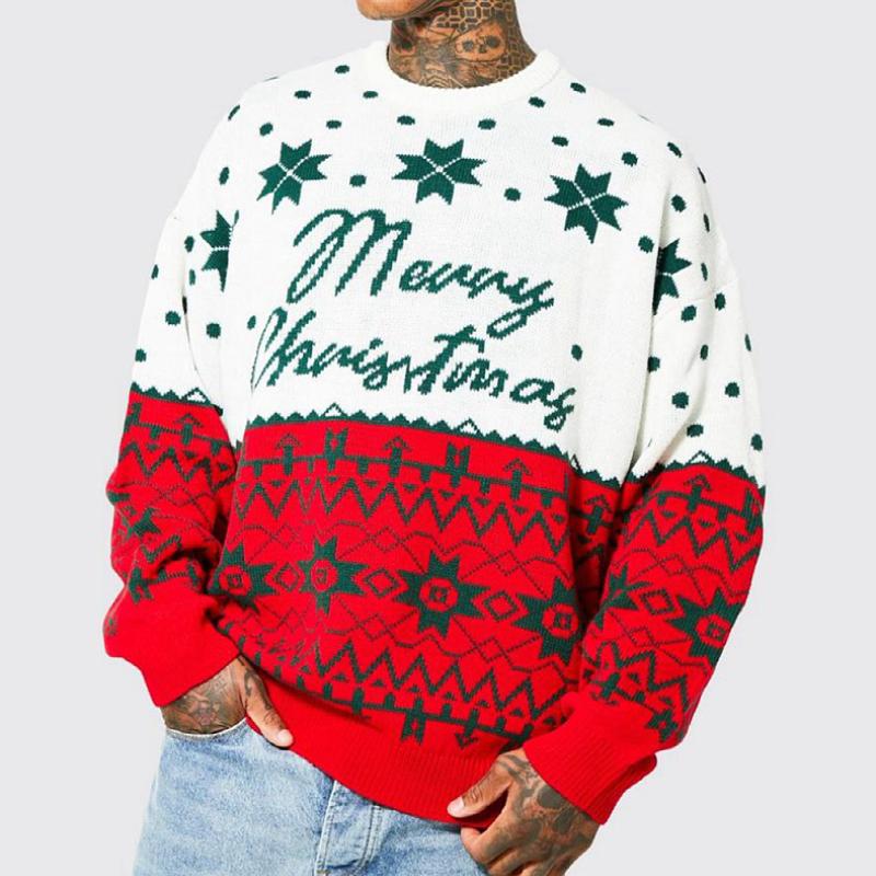 Men's Casual Christmas Contrast Jacquard Crew Neck Knit Sweater 85183515M