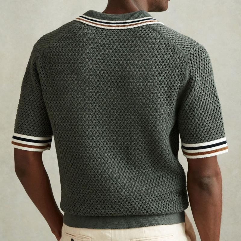 Men's Retro Hollow Lapel Knitted Cardigan Short Sleeve Polo Shirt 87020962Y