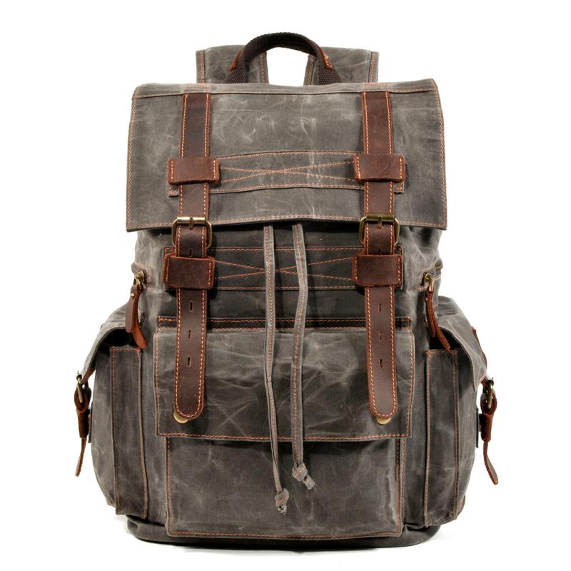 Men's Vintage Beeswax Canvas Outdoor Leather Multi-Pocket Backpack 92970713Y