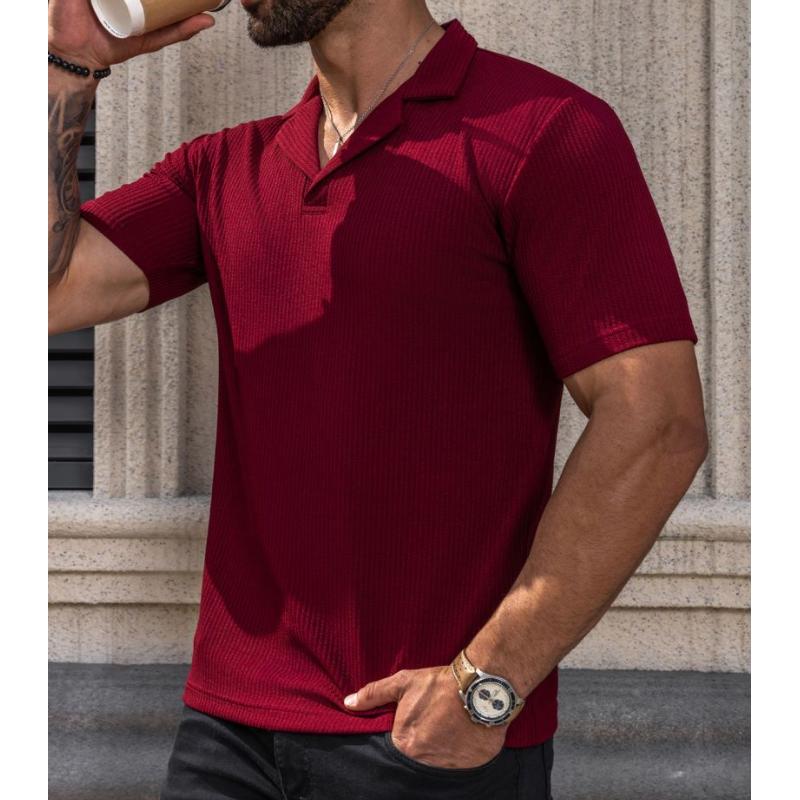 Men's Solid Color Vertical Striped Lapel Short-Sleeved Polo Shirt 60190992Y