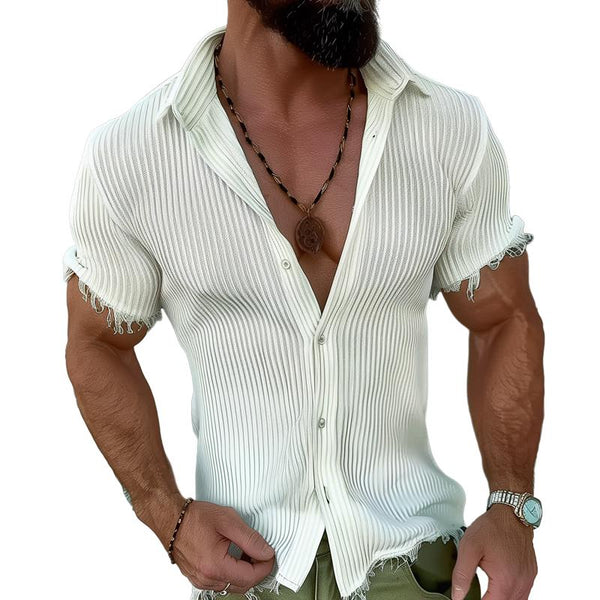 Men's Solid Striped Lapel Short Sleeve Fringed Shirt 98402055Z