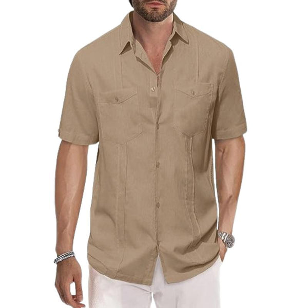 Men's Solid Color Double Pocket Cotton and Linen Short Sleeve Shirt 53225922Y