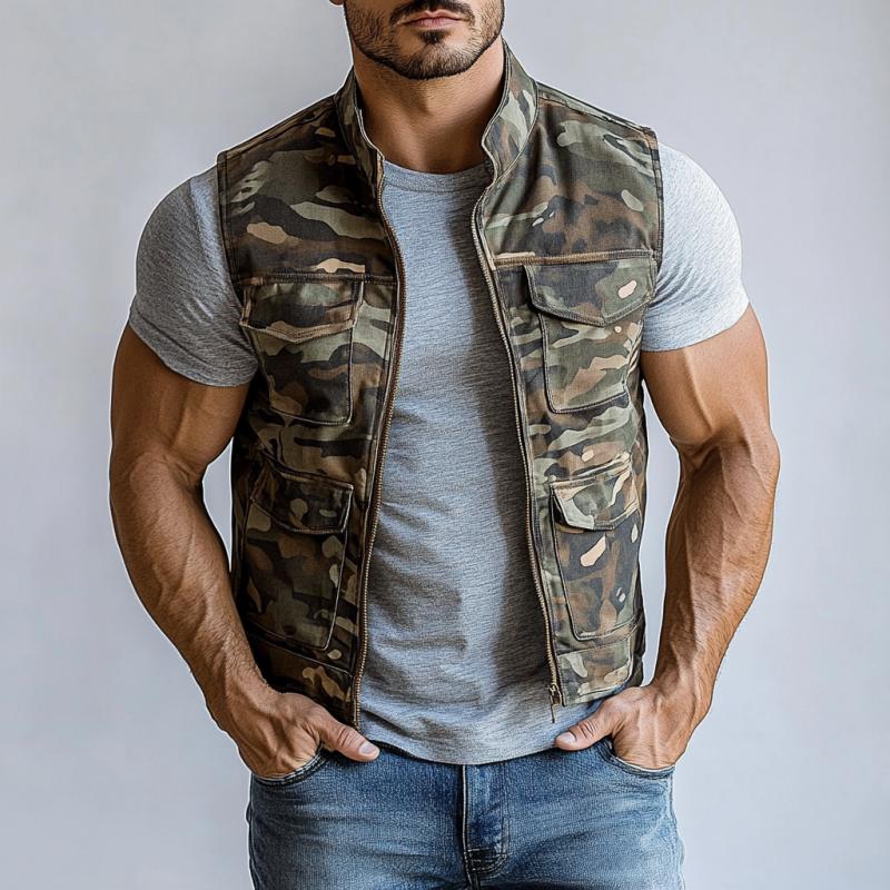 Men's Fashion Camouflage Washed Stand Collar Multi-Pocket Zipper Vest 77191199Y