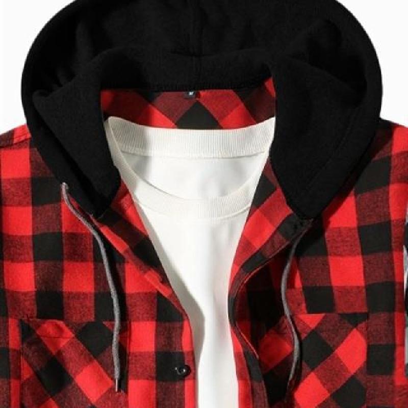 Men's Classic Casual Check Hooded Long Sleeve Shirt 90479460K